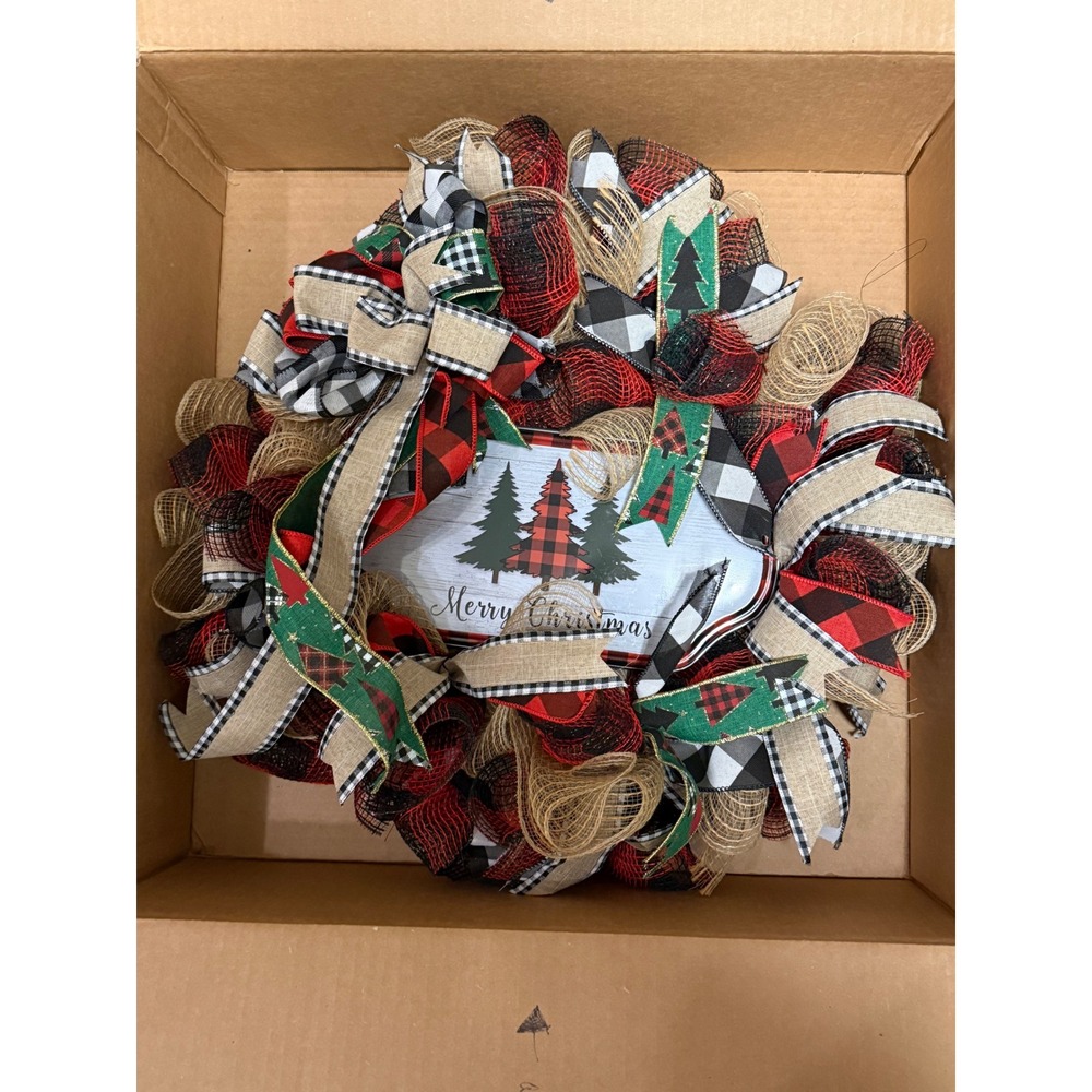 Handmade Christmas Deco Mesh Wreath Merry Christmas Buffalo Plaid Rustic Decor